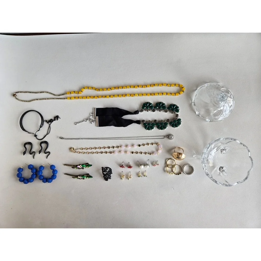 Vintage Jewelry Lot Visible Mix Necklaces Earrings‎ Rings + Glass Trinket Jar